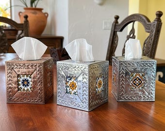 Handmade Mexican Tin Tissue Box Cover with Talavera Tile Spanish Colonial Bathroom Decor Rustic Hacienda Kleenex Holder