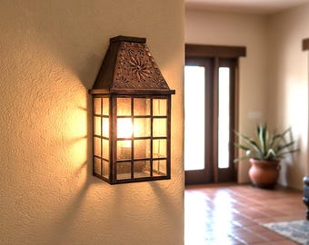 Mexican Bronze Wall Lantern Tin & Glass Sconce Southwestern Decor Glass Panel Light Fixture Colonial Outdoor Entryway Hacienda Gift Decor