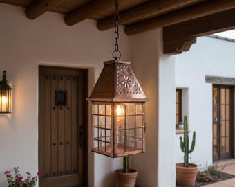 Mexican Tin Hanging Lantern Rustic Copper Pendant Light Southwest Hacienda Ceiling Fixture Spanish Revival Decor