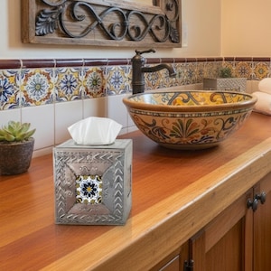 Mexican Tin Tissue Box Cover with Talavera Ceramic Tile Handmade Rustic Bathroom Decor Spanish Colonial Hacienda Kleenex Holder