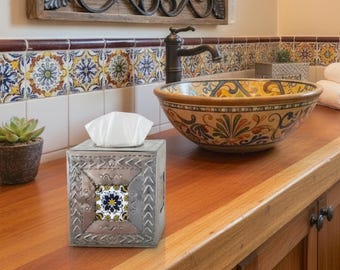 Mexican Tin Tissue Box Cover with Talavera Ceramic Tile Handmade Rustic Bathroom Decor Spanish Colonial Hacienda Kleenex Holder