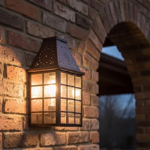May include: A dark brown metal wall lantern with a tapered top featuring intricate star-shaped cutouts. The fixture has a rectangular glass housing with a grid frame and an illuminated light bulb inside, mounted on a textured brick wall.