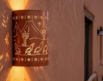 Southwestern Outdoor Wall Sconce Light Fixture Desert Scene Tin Lantern Cactus Mountain Quail Rustic Handmade Patio Decor