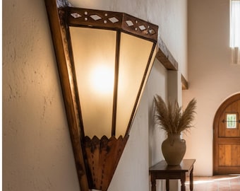 Vintage Art Deco Style Wall Sconce Triangle Light Fixture Handmade Copper Rustic Metal Farmhouse Lantern Amber Glass Indoor Wall Accent