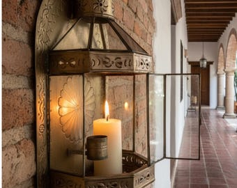 Spanish Colonial Tin Lantern Wall Sconce | Handmade Punched Tin Candle Holder | Hacienda Rustic Wall Decor | Southwestern Home Lighting