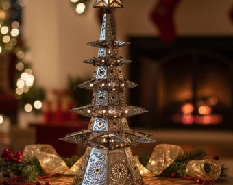 Christmas Tree 34" Mexican Punched Tin Lighted Decor Metal Art Tabletop Holiday Centerpiece Rustic Silver Home Decoration Display