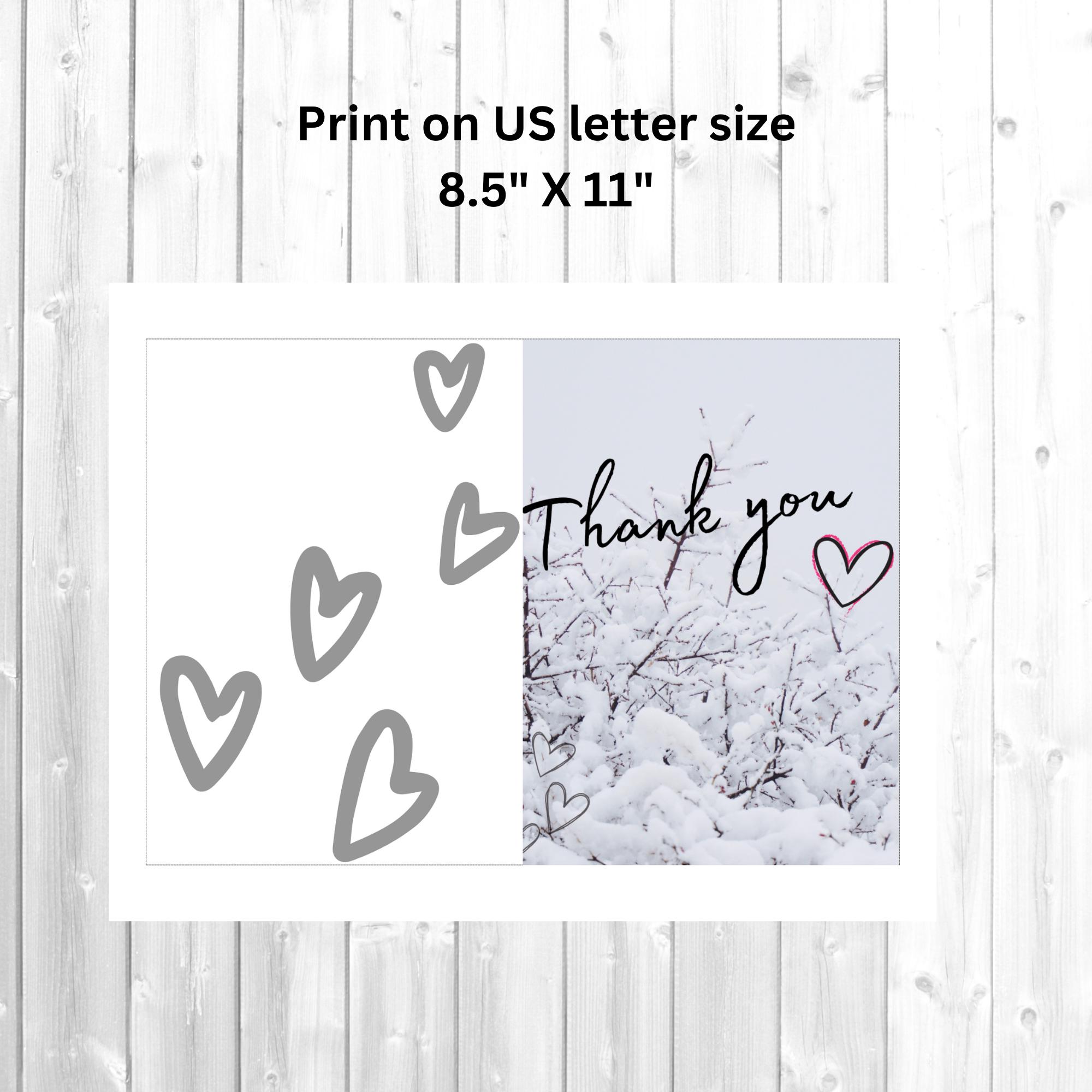 Thank You Printable Heart Card, Snow Thank You Instant Download, Easy ...