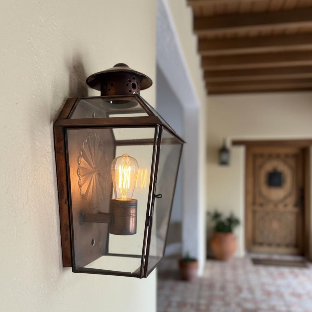Mexican Rustic Glass Lamp Indoor Outdoor Illumination Wall Copper ...