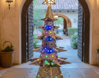 Lighted 34" Handmade Punched Tin Tree Hacienda Home Decoration Handcrafted Mexican Christmas Tree Metal Art Tabletop Holiday Centerpiece