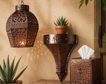Southwest Decor Bundle Mexican Lantern Tin Wall Shelf Tissue Box Cover Hacienda Style Spanish Colonial Home Decor Set