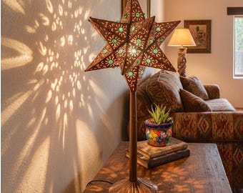 Southwest Star Lamp Mexican Tin Light Rustic Hacienda Decor Copper Table Lantern Western Living Room Accent Gift