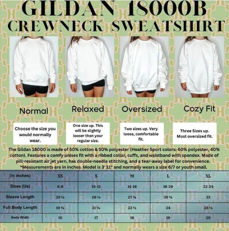 a women's crew neck sweatshirt is shown in three different sizes