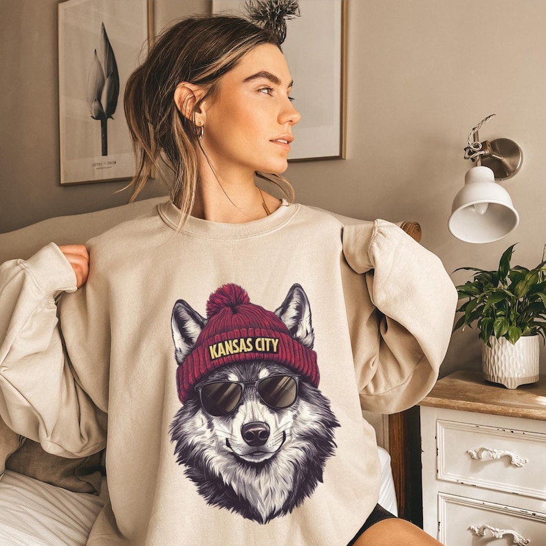 Vintage style Kansas City Football Sweatshirt,Wolf Sweatshirt, Trendy Kansas City Fan, Crewneck, Kansas City Hoodie, Game Day Sweater image 1