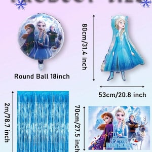 Może przedstawiać: Przewodnik po rozmiarach produkt&oacute;w do dekoracji na przyjęcie z motywem Krainy Lodu Disneya. Zawiera okrągły balon (18 cali), balon foliowy (80cm), niebieską kurtynę z frędzlami (2m x 1m) i baner urodzinowy (72cm x 70cm).