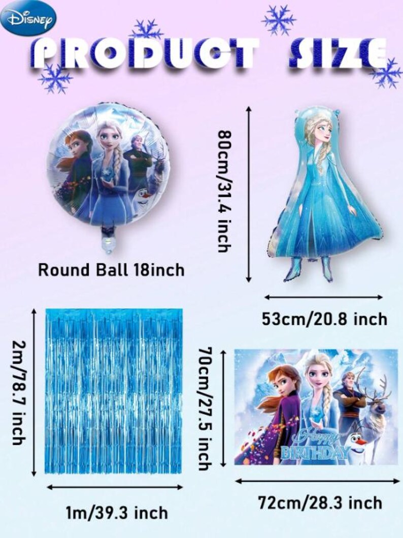 Może przedstawiać: Przewodnik po rozmiarach produkt&oacute;w do dekoracji na przyjęcie z motywem Krainy Lodu Disneya. Zawiera okrągły balon (18 cali), balon foliowy (80cm), niebieską kurtynę z frędzlami (2m x 1m) i baner urodzinowy (72cm x 70cm).