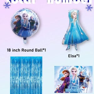 Może przedstawiać: Zestaw dekoracji na przyjęcie w stylu Disneya, zawierający okrągły balon o średnicy 45 cm, balon w kształcie Elsy, niebieską kurtynę deszczową i plakat. Zestaw zawiera tekst "total number" i "Happy Birthday".