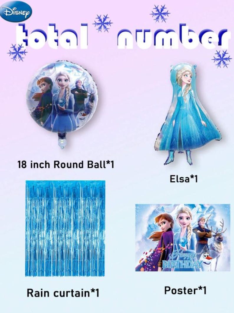 Może przedstawiać: Zestaw dekoracji na przyjęcie w stylu Disneya, zawierający okrągły balon o średnicy 45 cm, balon w kształcie Elsy, niebieską kurtynę deszczową i plakat. Zestaw zawiera tekst "total number" i "Happy Birthday".