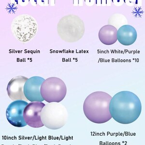 Może przedstawiać: Zestaw balon&oacute;w z motywem Disneya w r&oacute;żnych rozmiarach i kolorach, w tym srebrnym, białym, fioletowym i niebieskim. Obrazek zawiera tekst "total number" oraz opisy takie jak "Silver Sequin Ball" i "Snowflake Latex Ball".