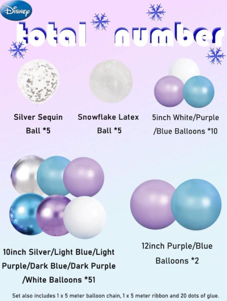 Może przedstawiać: Zestaw balon&oacute;w z motywem Disneya w r&oacute;żnych rozmiarach i kolorach, w tym srebrnym, białym, fioletowym i niebieskim. Obrazek zawiera tekst "total number" oraz opisy takie jak "Silver Sequin Ball" i "Snowflake Latex Ball".