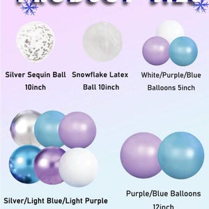 Może przedstawiać: Wyświetlane są r&oacute;żne balony w kolorze białym, srebrnym, fioletowym i niebieskim. Tekst wskazuje rozmiary 12,7, 25,4 i 30,5 cm. Balony są oznaczone jako srebrne cekiny, lateks w płatki śniegu i fioletowo-niebieskie.