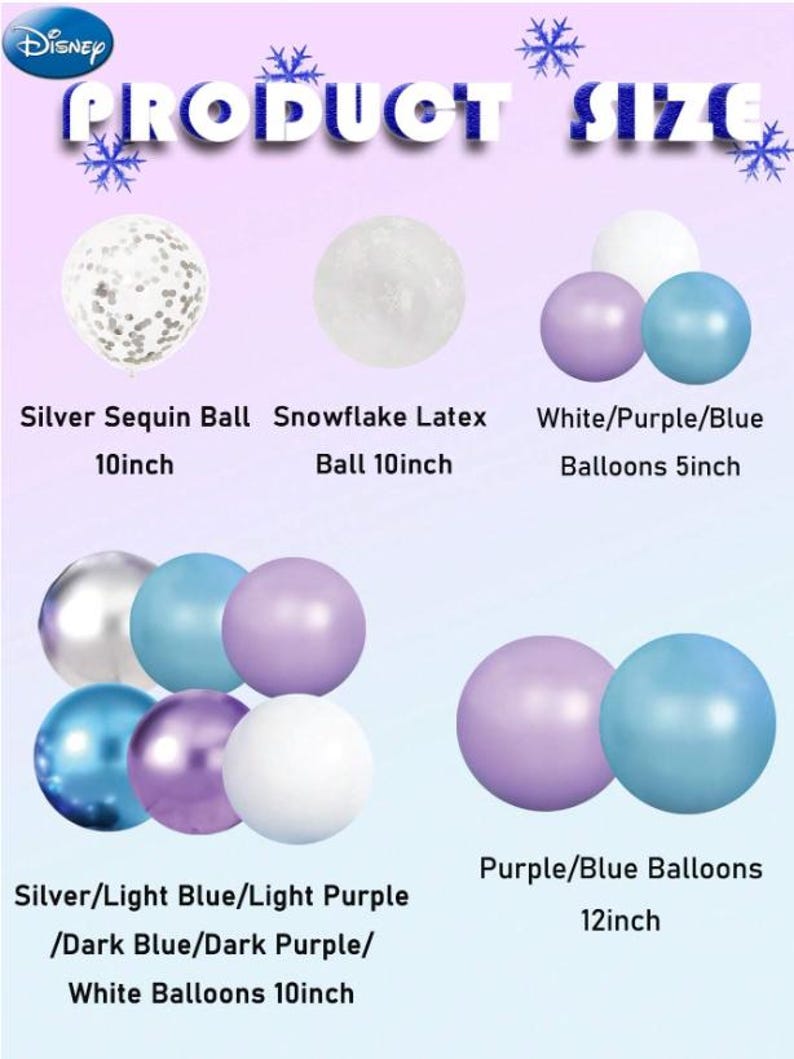 Może przedstawiać: Wyświetlane są r&oacute;żne balony w kolorze białym, srebrnym, fioletowym i niebieskim. Tekst wskazuje rozmiary 12,7, 25,4 i 30,5 cm. Balony są oznaczone jako srebrne cekiny, lateks w płatki śniegu i fioletowo-niebieskie.