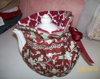 Funda para tetera pequeña con diseño de flores de color burdeos, aislante y reversible