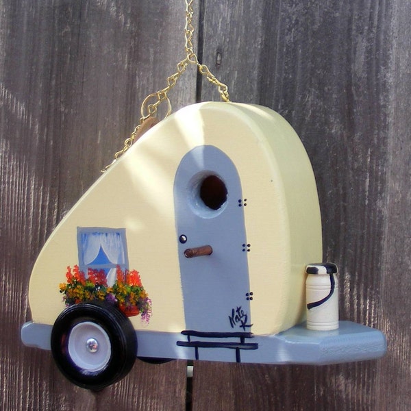 Handcrafted Tear Drop Trailer Birdhouse with Flowers