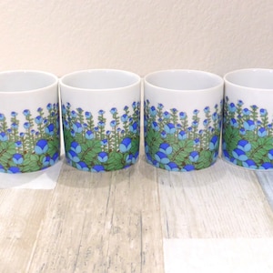 Vintage Flower Power Ceramic Coffee  or Tea Cups Set of 4 Mod Mid Century 6 Ounce Capacity Shades of Flowers Green Leaves Made In Japan