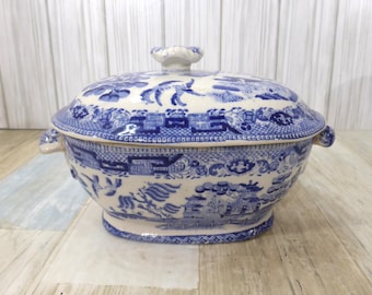 Vintage Blue Willow Tureen: Small China Serving Dish, Circa 1800s