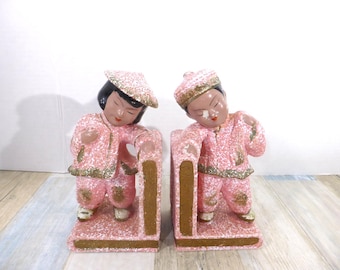 Sujetalibros vintage con diseño asiático de niño y niña, con salpicaduras rosas, regalo para amantes de los libros, decoración retro para biblioteca.