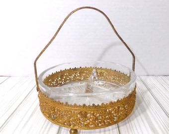 Vintage Goldtone  Filigree Serving Dish with Handle Divided Clear Glass Insert Glam Luxe Nuts Mints