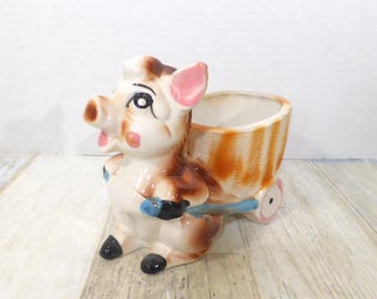 Maceta de cerámica vintage con forma de vaca o poni y cesta, fabricada en Japón, para decoración del hogar.