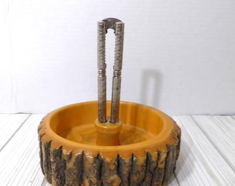Vintage Mid Century Tree Bark Round Wood Nutcracker Bowl with Metal Nut Cracker  Cabin Woodsy Decor Man Cave Game Night