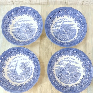 Vintage Salem China Company Olde Staffordshire English Ironstone English Village Salad Soup Cereal Set of 4 Blue White Transferware