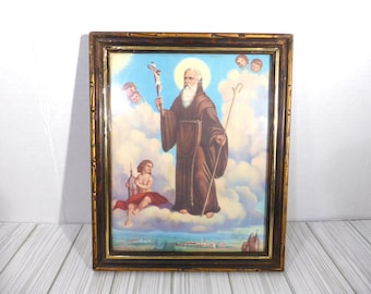 Lámina enmarcada vintage de San Conrado de Piacenza, decoración religiosa para el hogar.