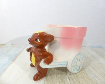 Maceta o jarrón de cerámica vintage con forma de ciervo tirando de un carro, hecho en Japón, regalo para amantes de las plantas.