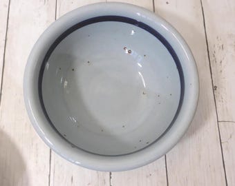 May include: A round ceramic bowl with a glossy light gray finish and a dark blue band encircling the interior rim. The surface of the bowl features small, scattered brown speckles throughout the interior, creating a textured appearance.