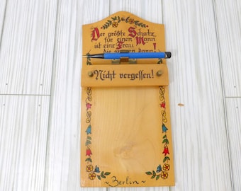 Vintage German Wood Note Pad Holder Folk Art Travel Souvenir with Mechanical Pencil Wall Decor Hand Painted