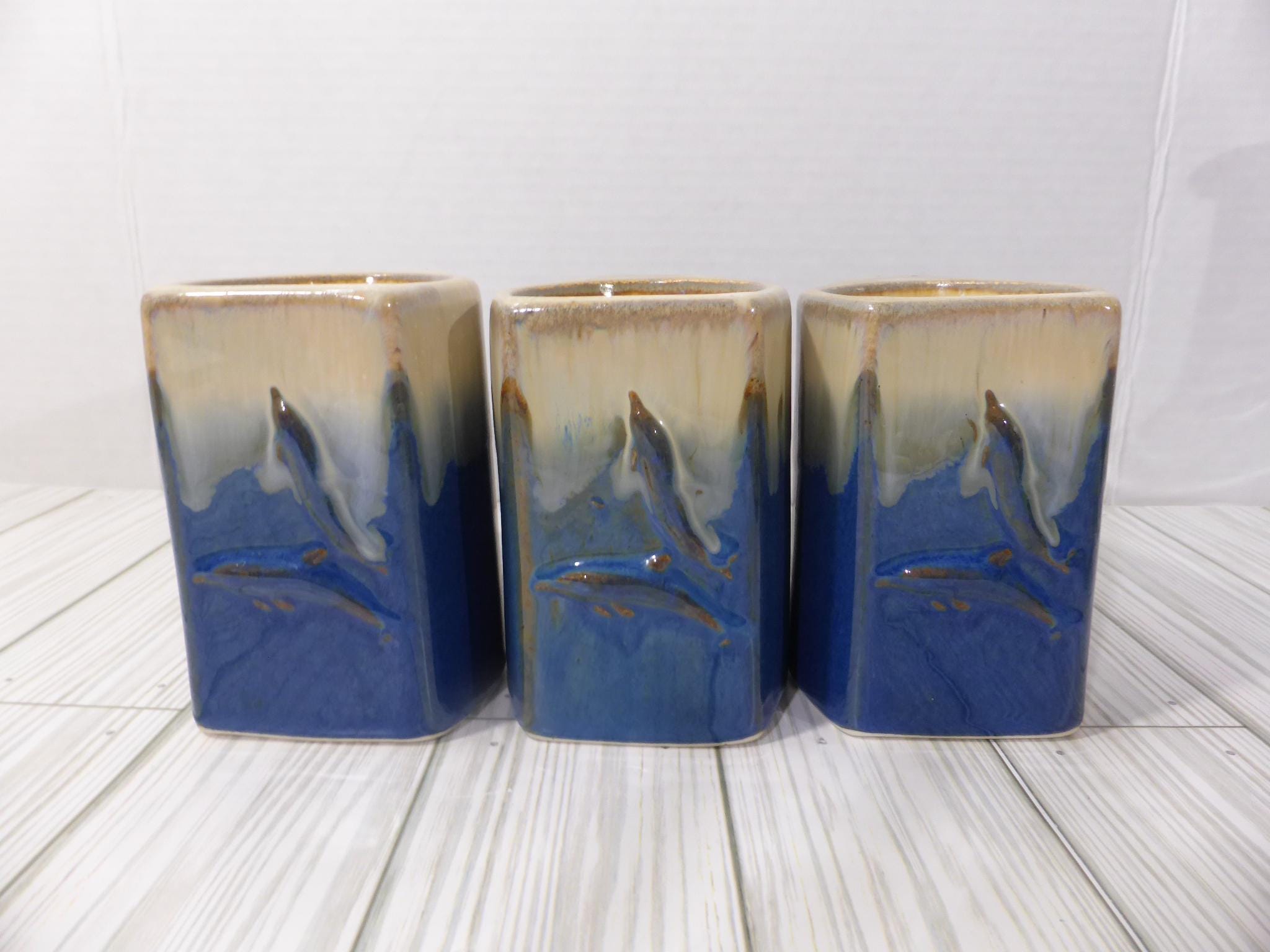 Lot De 4 Tasses à Café Vintage Rodolfo Padilla – Grès Émaillé Goutte à Goutte – Support Bois – 1984