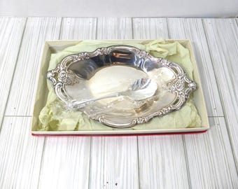 Plato de plata vintage de la comunidad, plato para servir salsa con cuchara, caja original, mesa de estilo antiguo