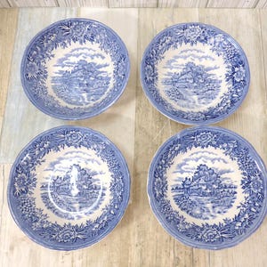 Vintage Salem China Company Olde Staffordshire English Ironstone English Village Fruit Bowls Set of 4 Blue White Transferware Table Setting