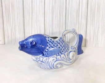 Vintage Blue White Chinese Ceramic Fish Koi Pitcher or Creamer Flower Vase Tablescape Table Decor