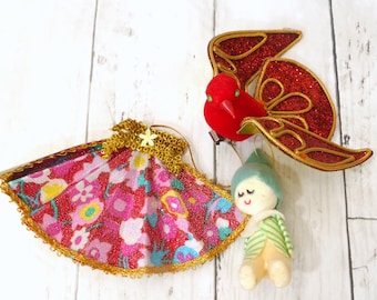 Set of 3 Vintage Christmas Ornaments Made In Japan Red Bird Fan and Snowman Tree Decoration Holiday Decora