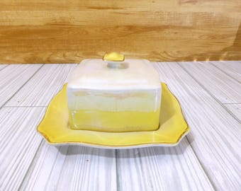 Vintage English Butter Dish Royal Winton Grimwades Made In England Yellow White Gold Trim Iridescent