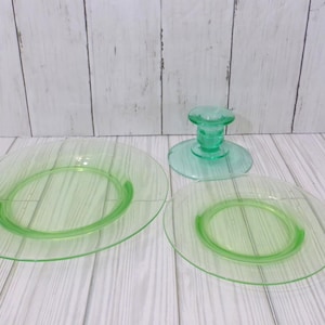 Vintage Uranium Glass Plates and Candle Holder Set of 3 Odds and Ends Glow In The Dark Black Light Spooky Halloween Table Decor