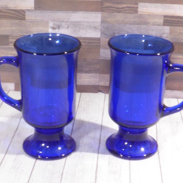 Vintage Anchor Hocking Cobalt Blue Glass Mugs Hot Coffee Tea Iced Beverages Retro Kitchen or Table Deocr Set of 2 Footed Drinkware Barware