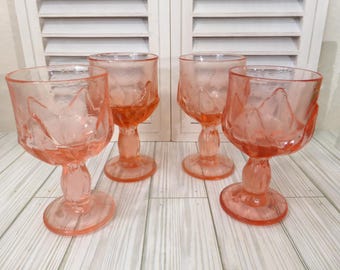 Tiffin Franciscan Cabaret Pink Lotus Flower Footed Drink Goblets Set of 4 Vintage Glassware Tablesetting Textured Glass
