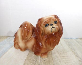 Maceta o jarrón de cerámica vintage con forma de perro pequinés, regalo para amantes de los perros, decoración para mascotas, animal de rescate