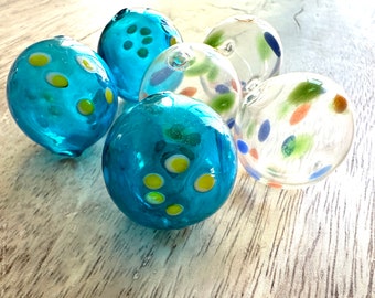 Hollow Handblown Glass Beads Three Of Each Sea Aqua and Clear Polka Dots!
