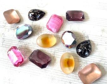 SIX PAIRS Vintage Glass 18x13mm Cabs and Gems for Earrings Shy Violet